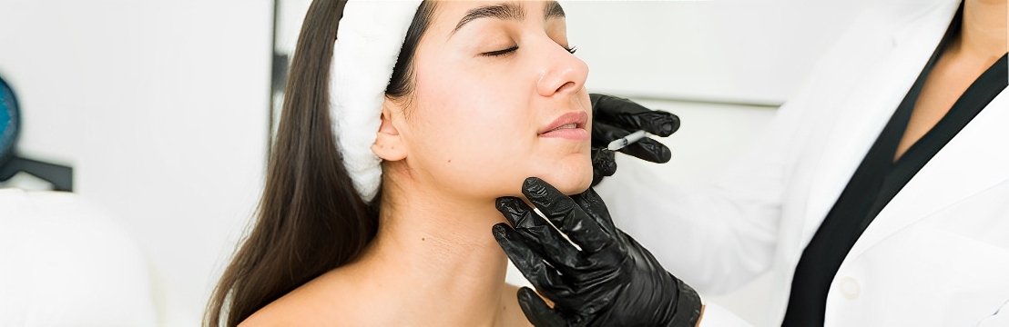 A model with a headband receiving an injection along the jawline from a provider in gloves
