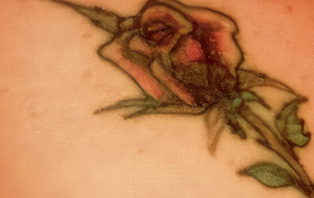 Before and after tattoo removal on the skin: before, showing a rose tattoo